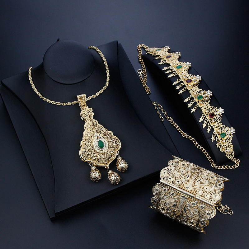 Sunspicems Aukso spalva Alžyras Moterų nuotakos vestuvių papuošalų rinkiniai Apyrankės karoliai Galvos grandinėlė Tradicinis Afrikos festivalis Bijoux