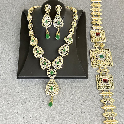 Maroko nuotakos kūno papuošalų karoliai auskarai juosmens grandinės komplektas prabangus prašmatnus vestuvių kaftano papuošalų rinkinys, reguliuojamo ilgio diržas