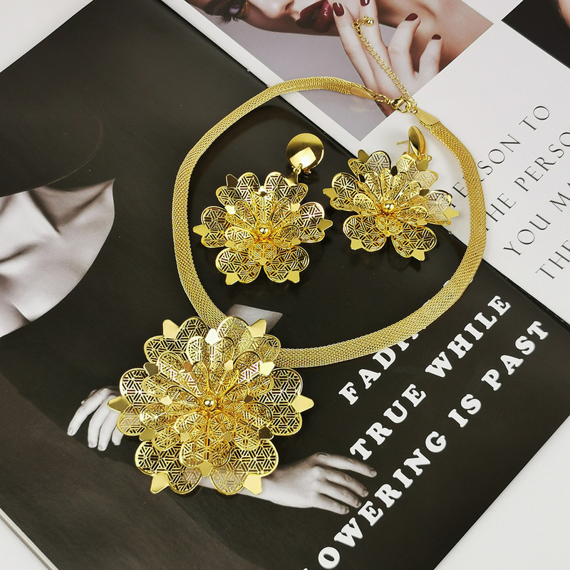 Dubajaus aukso spalvos papuošalų rinkinys moterims, gėlių auskarai, karoliai, papuošalų rinkiniai, afrikietiški prabangūs vestuvių dizaino aksesuarai MANILAI