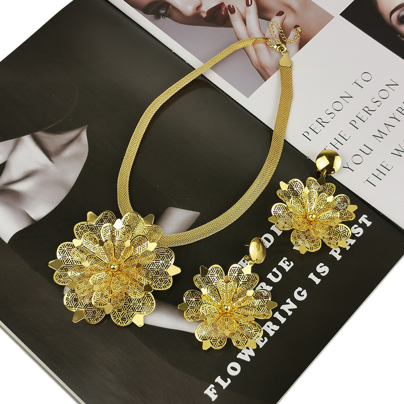 Dubajaus aukso spalvos papuošalų rinkinys moterims, gėlių auskarai, karoliai, papuošalų rinkiniai, afrikietiški prabangūs vestuvių dizaino aksesuarai MANILAI