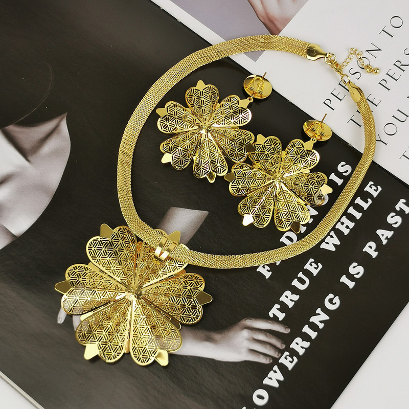 Dubajaus aukso spalvos papuošalų rinkinys moterims, gėlių auskarai, karoliai, papuošalų rinkiniai, afrikietiški prabangūs vestuvių dizaino aksesuarai MANILAI