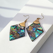 AENSOA Cercei cu picătură de coajă de abalone, vintage, mari, lungi, geometrici, pentru femei, cu pandantiv cu rombi, cercei cu cârlig de metal, bijuterii neobișnuite