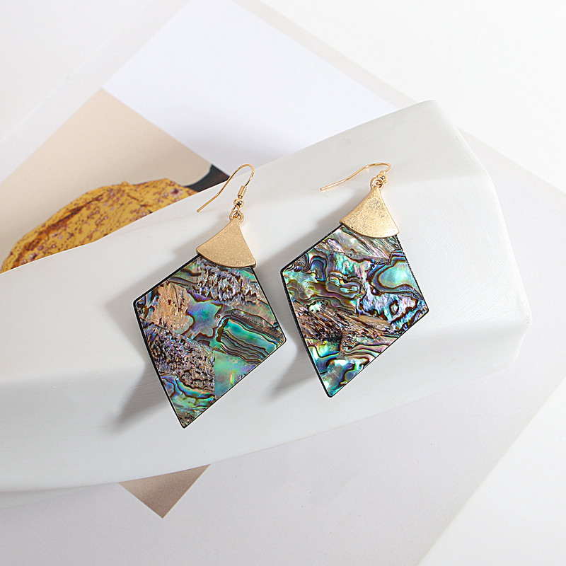 AENSOA Cercei cu picătură de coajă de abalone, vintage, mari, lungi, geometrici, pentru femei, cu pandantiv cu rombi, cercei cu cârlig de metal, bijuterii neobișnuite