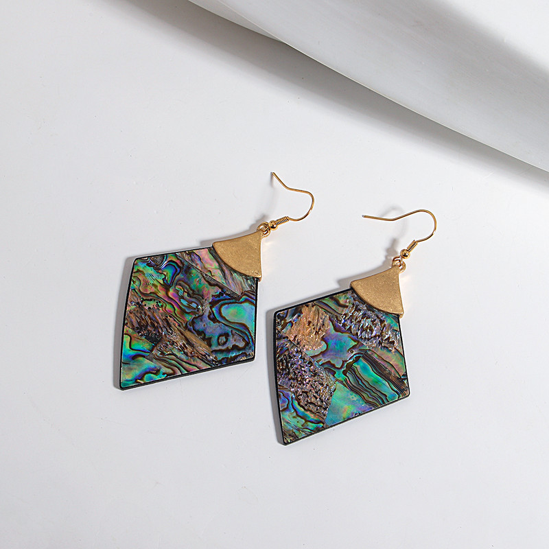 AENSOA Cercei cu picătură de coajă de abalone, vintage, mari, lungi, geometrici, pentru femei, cu pandantiv cu rombi, cercei cu cârlig de metal, bijuterii neobișnuite