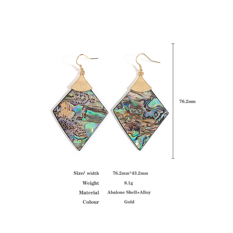 AENSOA Cercei cu picătură de coajă de abalone, vintage, mari, lungi, geometrici, pentru femei, cu pandantiv cu rombi, cercei cu cârlig de metal, bijuterii neobișnuite