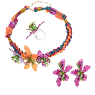 Rankomis austi spalvingi akrilo gėlių sėklų karoliukais papuošti „Choker“ karoliai, žiediniai auskarai, skirti mergaitėms „Boho“ etniniai madingi vakarėlio papuošalai