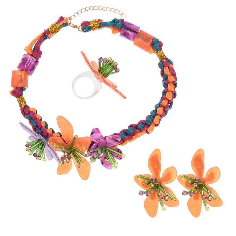 Rankomis austi spalvingi akrilo gėlių sėklų karoliukais papuošti „Choker“ karoliai, žiediniai auskarai, skirti mergaitėms „Boho“ etniniai madingi vakarėlio papuošalai