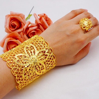 Etiopijos Dubajaus plačios apyrankės moterims Aukso spalvos Prabangi Afrikos Indijos apyrankė ir žiedas Saudo Arabija Vestuvių pokylių dovanos