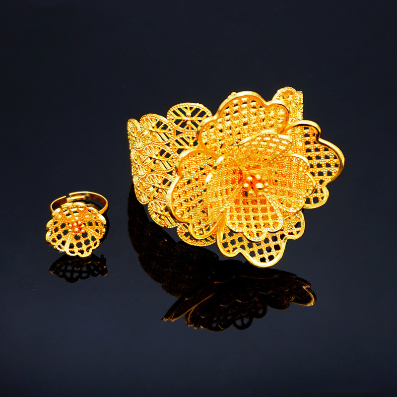 Etiopijos Dubajaus plačios apyrankės moterims Aukso spalvos Prabangi Afrikos Indijos apyrankė ir žiedas Saudo Arabija Vestuvių pokylių dovanos