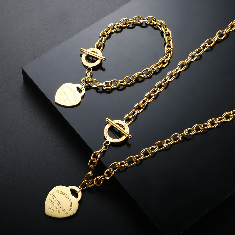 Nauji Heart Pendant Choker karoliai moterims Vyrai Pora Punk nerūdijančio plieno grandinės apyrankės Moteriška Meilė Širdies žavesio papuošalų rinkinys