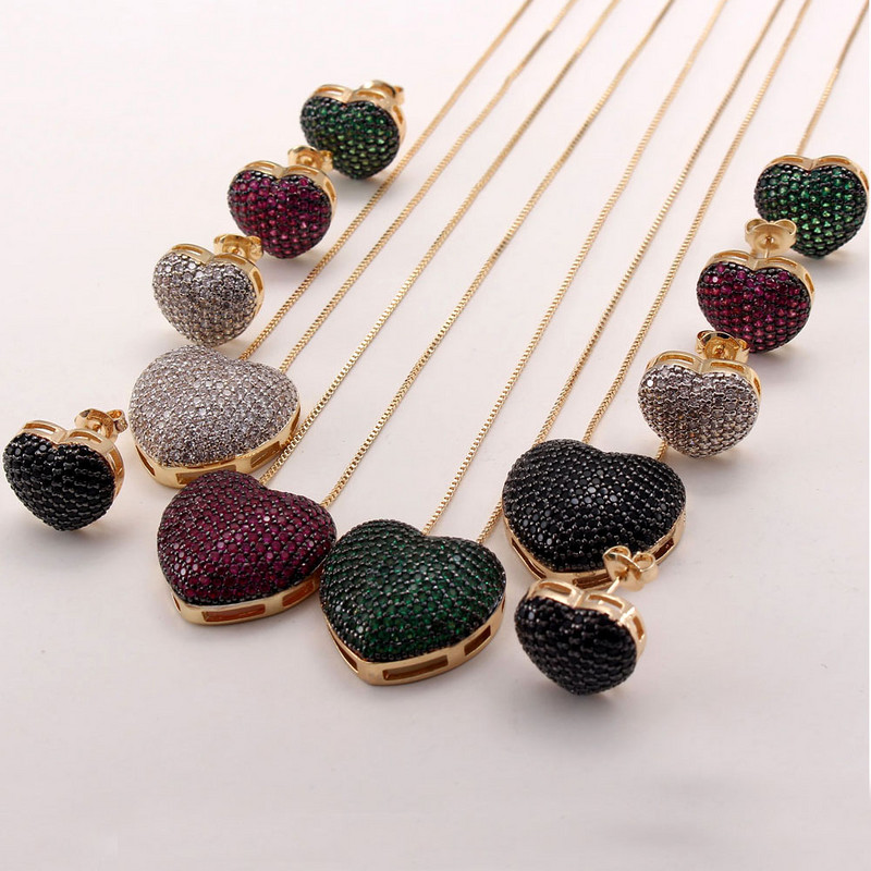 MHS.SUN Fashion Love Heart Kaklo papuošalas su AAA cirkonio moteriškais auskarais Prabangus CZ papuošalų rinkinys Valentino dienos dovanai