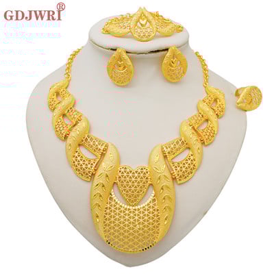 Mada NAUJA Indija Dubajaus aukso spalvos dideli karoliai auskarų žiedų apyrankių rinkiniai moterims Afrikos vestuvių dovanos papuošalų rinkinys