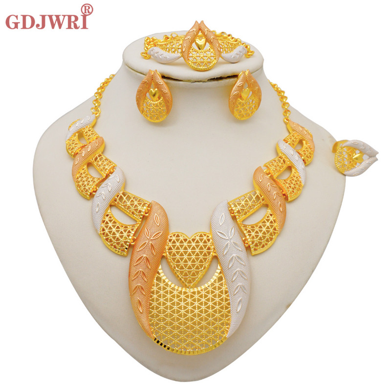 Mada NAUJA Indija Dubajaus aukso spalvos dideli karoliai auskarų žiedų apyrankių rinkiniai moterims Afrikos vestuvių dovanos papuošalų rinkinys