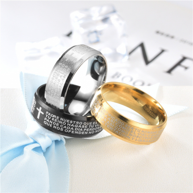 Klasikiniai vyriški titano plieno Biblijos eilėraščiai Kryžius Jėzaus žiedas Laiškas Biblijos eilėraščiai maldos pirštų žiedai vyrams 8 mm amuletas papuošalai