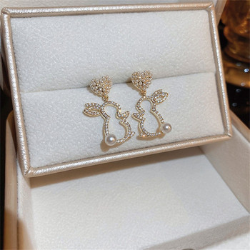 2022 г. Изящни обеци с имитация на перли със сърце на любов и заек за жени Корейска мода Животински изящни обеци Бижута за уши