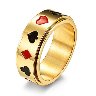ZORCVENS 8 mm aukso sidabro spalvos nerūdijančio plieno pasukamas žiedas vyrams Punk Vintage Lucky Playing Card Poker Vyriški priedai