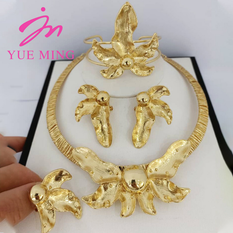 YM afrikietiškų karolių auskarų rinkiniai Nigerijos vestuvių papuošalų rinkinys moterims 18K aukso spalvos vario apyrankės žiedai juvelyriniai dirbiniai dovanos