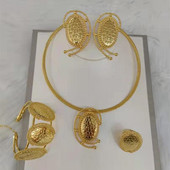 Dubajaus aukso spalvos juvelyriniai dirbiniai, 2022 m. madingi nuotakos dizaino auskarai ir karoliai moterims rankogalių apyrankė ir žiedas vestuvių sužadėtuvėms