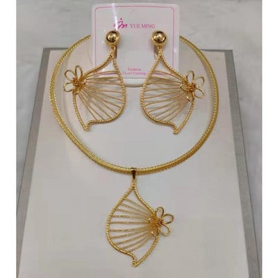 Dubajaus aukso spalvos juvelyriniai dirbiniai, 2022 m. madingi nuotakos dizaino auskarai ir karoliai moterims rankogalių apyrankė ir žiedas vestuvių sužadėtuvėms