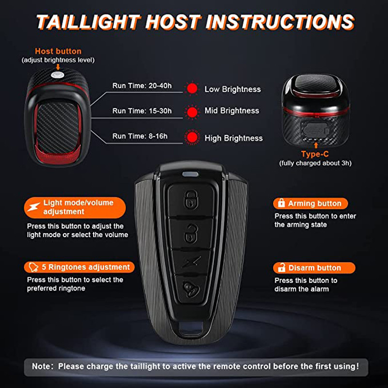 WSDCAM dviračio galinis žibintas su nuotolinio valdymo pulteliu, vandeniui atspari dviračio signalizacija USB įkraunama dviračio vibracijos signalizacija nuo vagystės dviračio lempa