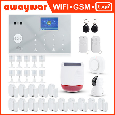 Awaywar Tuya Алармена система 433MHz Безжичен WIFI GSM RFID Комплект за сигурност APP Дистанционно управление Охранен интелигентен дом PIR детектор за врати