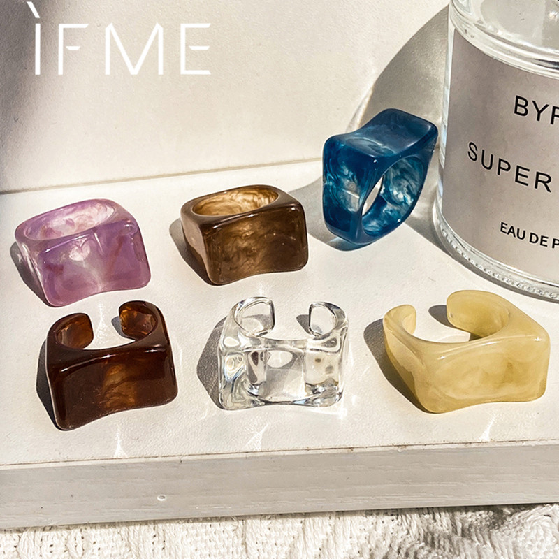 IF ME 6PCS/SET Paprasti stori spalvoti permatomi akrilo dervos rašto geometriniai netaisyklingi žiedai moterims vintažiniai papuošalai Nauji