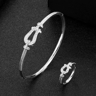 Zlxgirl jewelry Europe Brand Подкова форма дамски размер сватбена гривна с пръстен комплекти бижута AAA кубичен циркон гривна двойка