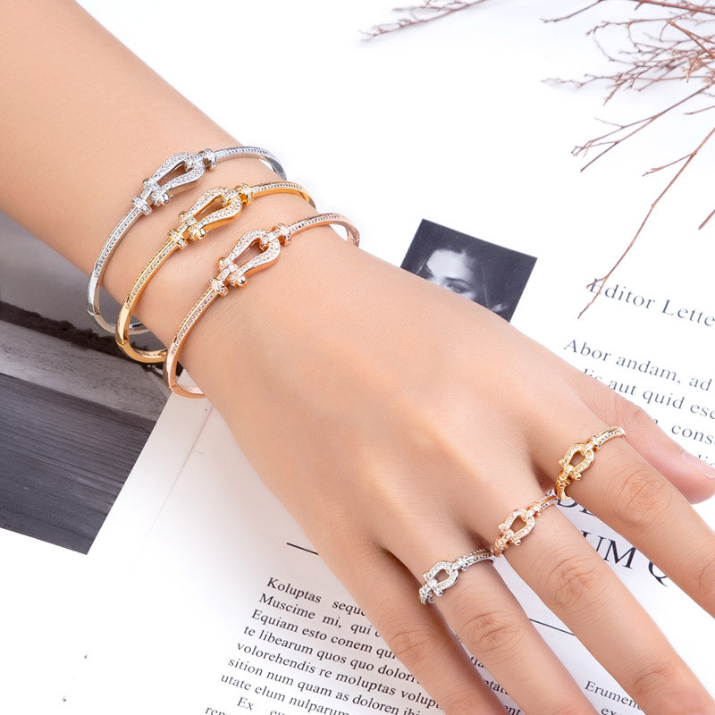 Zlxgirl jewelry Europe Brand Подкова форма дамски размер сватбена гривна с пръстен комплекти бижута AAA кубичен циркон гривна двойка