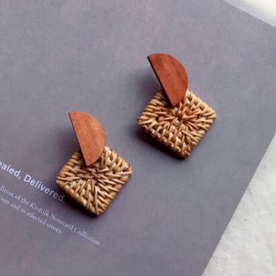 Keletas 2019 m. Korėjos rankų darbo bambuko pynimo pakabinami auskarai, naujos mados rotango vynmedžio megzti ilgi auskarai moterims, mergaitei