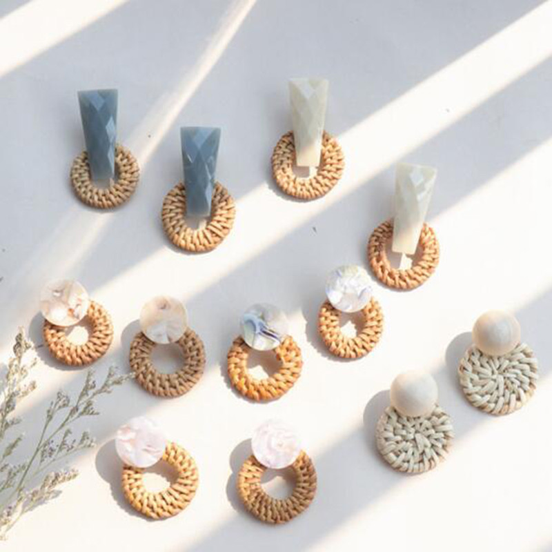 Keletas 2019 m. Korėjos rankų darbo bambuko pynimo pakabinami auskarai, naujos mados rotango vynmedžio megzti ilgi auskarai moterims, mergaitei