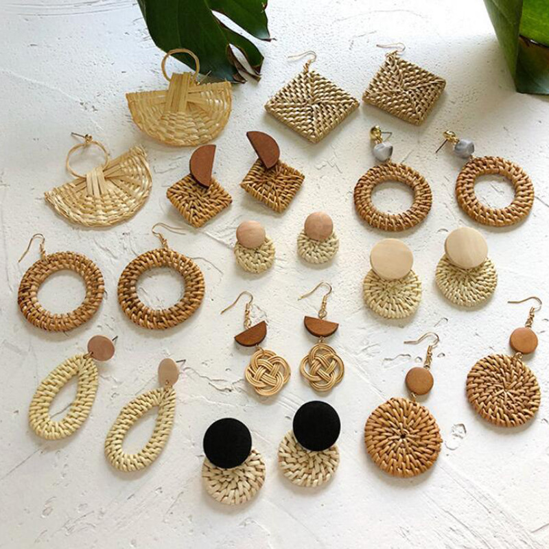 Keletas 2019 m. Korėjos rankų darbo bambuko pynimo pakabinami auskarai, naujos mados rotango vynmedžio megzti ilgi auskarai moterims, mergaitei