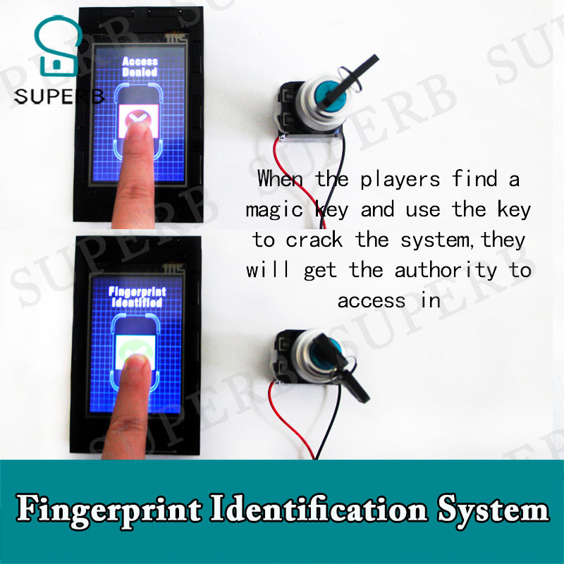 Puikus pabėgimo kambario rekvizitas Išmanusis ekranas Pirštų atspaudų atpažinimo sistemos rakto jungiklis uždėkite pirštą ant pirštų atspaudų ekrano jokio garso