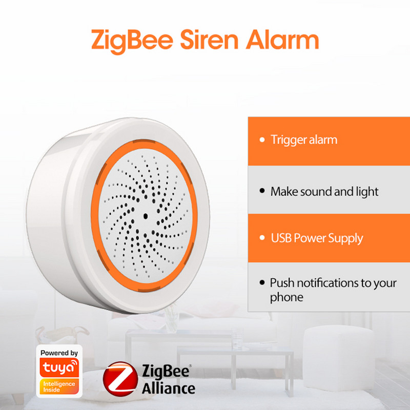 1-5PC Tuya Zigbee 3 viename sirenos signalizacija 90DB garso šviesos jutiklis Smart Home Tuya Smart Life APP signalizacijos sirena, skirta Alexa Google 2022