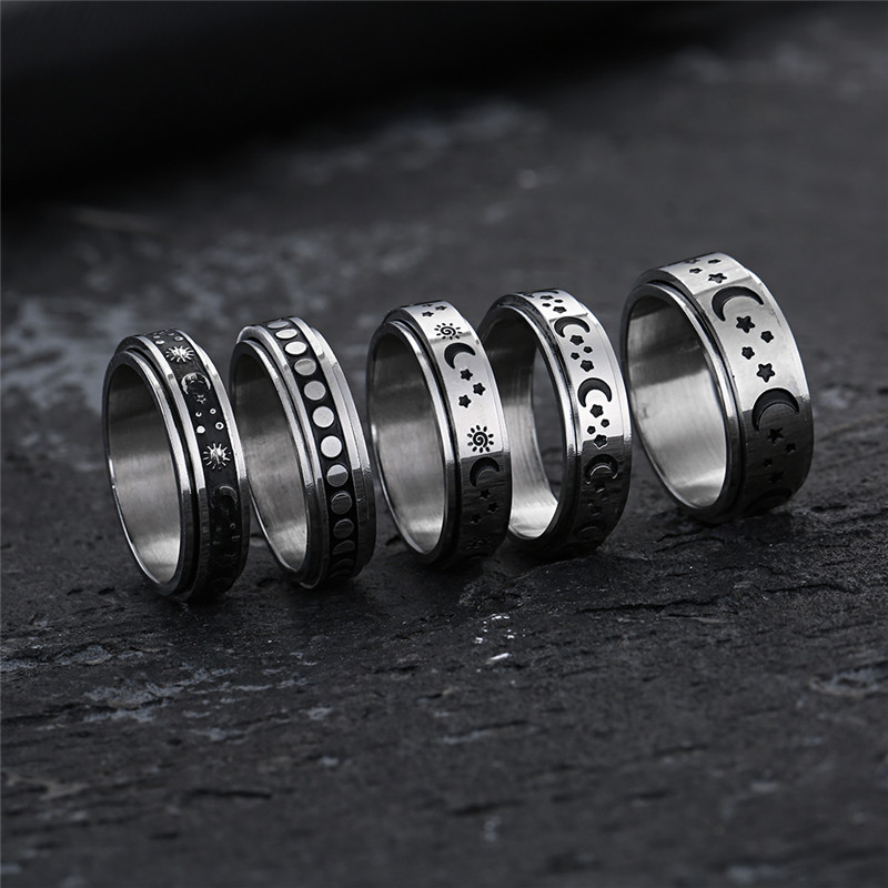 Sukite laisvai besisukantį nerūdijančio plieno nerimo žiedą moterims ir vyrams Mėnulio žvaigždės grandinės suktuko „Fidgets“ žiedas nuo streso 2022 m.