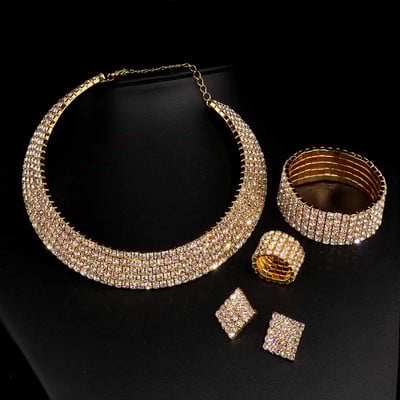 Prabangūs romantiški krištolo vestuvinių papuošalų rinkiniai Sidabrinės spalvos vestuviniai karoliai auskarai apyrankės žiedų rinkiniai moterims W001