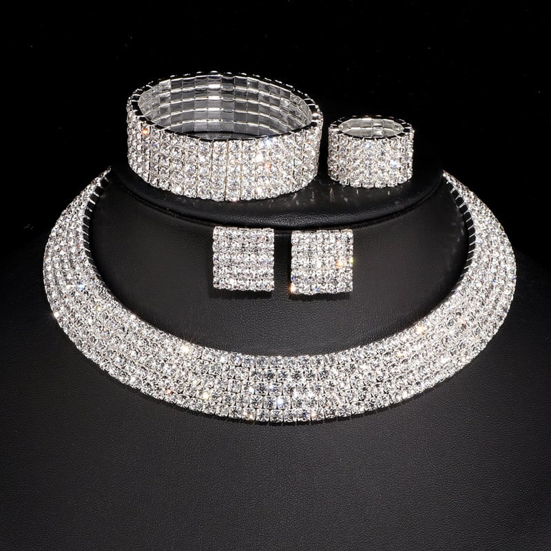 Prabangūs romantiški krištolo vestuvinių papuošalų rinkiniai Sidabrinės spalvos vestuviniai karoliai auskarai apyrankės žiedų rinkiniai moterims W001