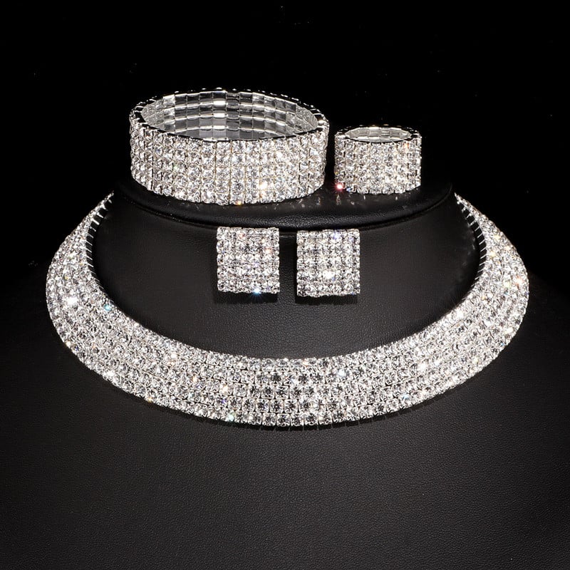 Prabangūs romantiški krištolo vestuvinių papuošalų rinkiniai Sidabrinės spalvos vestuviniai karoliai auskarai apyrankės žiedų rinkiniai moterims W001