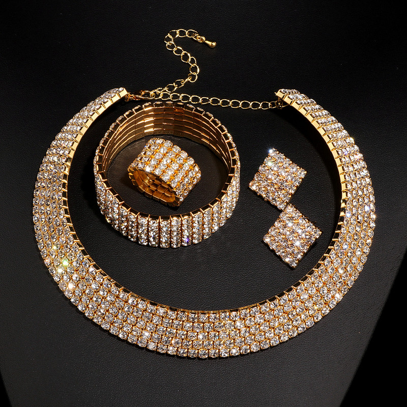 Prabangūs romantiški krištolo vestuvinių papuošalų rinkiniai Sidabrinės spalvos vestuviniai karoliai auskarai apyrankės žiedų rinkiniai moterims W001