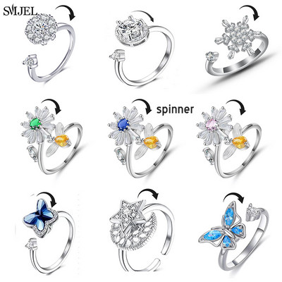 SMJEL Луксозен пръстен за безпокойство Fidget Spinner за жени Crystal Flower Bee Butterfly Ring Spinning Anti Stress Wedding Jewelry Gifts