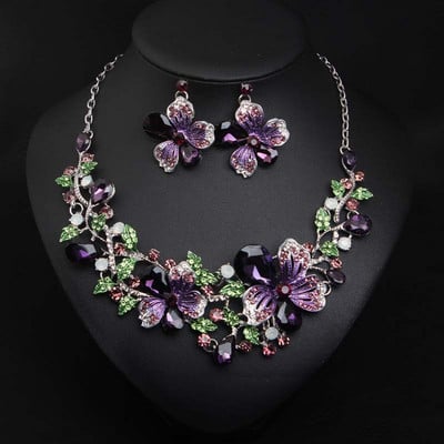 Módne viacfarebné kvetinové náhrdelníky a náušnice, sada svadobných krištáľových šperkov, súpravy, obojky, módne kamienkové náprsníky, svadobné párty