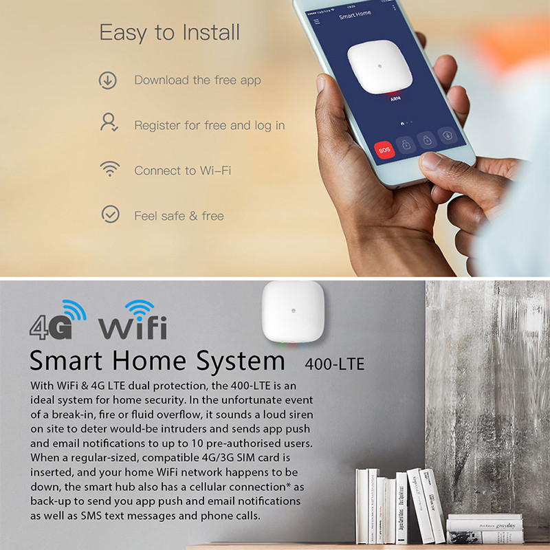 Prabangi Chuango 400-LTE WiFi ir 4G GSM didelio našumo signalizacijos sistema Išmaniojo namo įsilaužimo sistema su dūmų / dujų / PIR detektoriumi