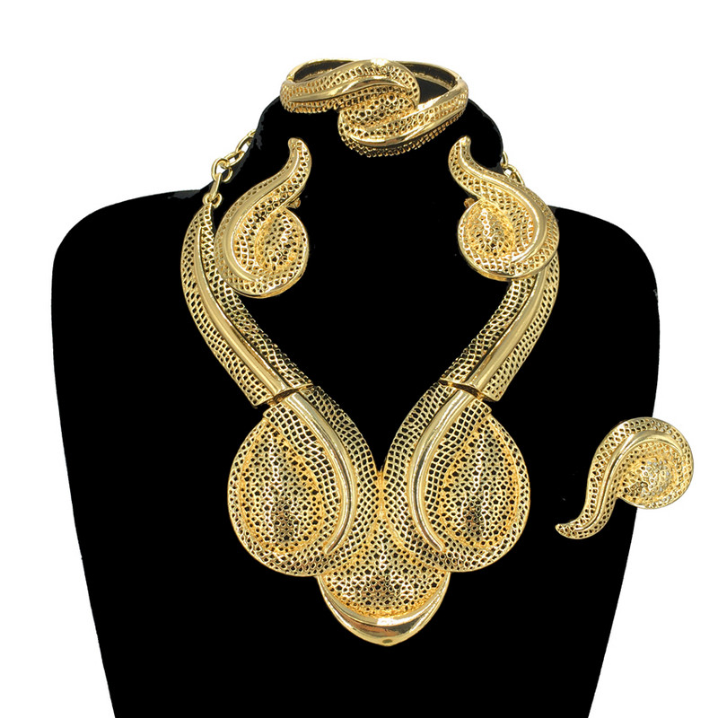 Madingi itališko dizaino moteriški dideli karoliai papuošalų rinkinys Originalus paauksuotas prabangus Dubajaus vestuvių papuošalas Nemokamas pristatymas FHK13667