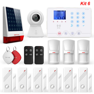 „Wolf-Guard Wifi GSM LCD“ namų signalizacijos apsaugos sistema „TuYa APP“ valdymas 11 kalbų „pasidaryk pats“ fotoaparatas, saulės sirena, PIR detektorius, durų jutiklis