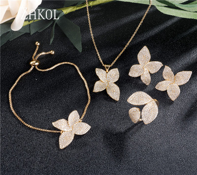 ZAKOL Luksuzni AAA kubični cirkon Micro Pave Flower Naušnice Prsten Narukvica Ogrlica Set za žene Vjenčani Anneaux nakit FSSP3077