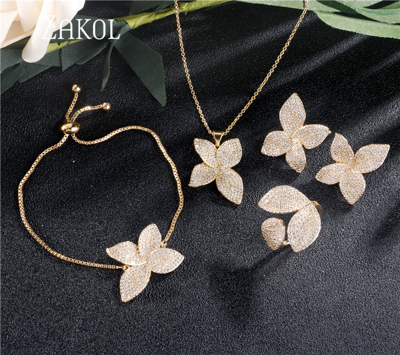 ZAKOL Luksuzni AAA kubični cirkon Micro Pave Flower Naušnice Prsten Narukvica Ogrlica Set za žene Vjenčani Anneaux nakit FSSP3077