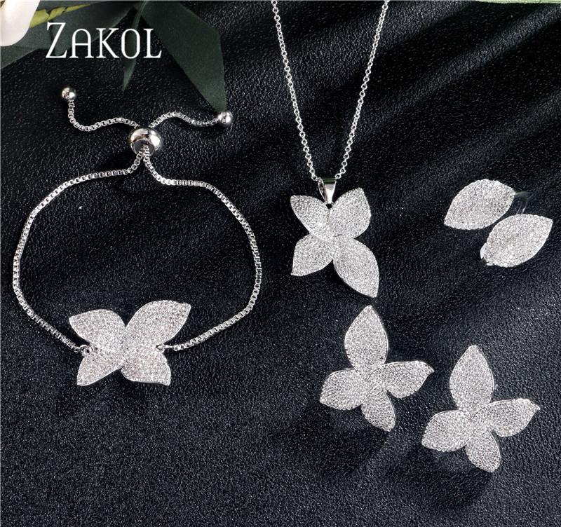 ZAKOL Luksuzni AAA kubični cirkon Micro Pave Flower Naušnice Prsten Narukvica Ogrlica Set za žene Vjenčani Anneaux nakit FSSP3077