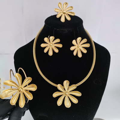 Prabangus moteriškų papuošalų rinkinys Aukso spalvos karoliai didelis apskritimas auskarai apyrankės žiedas madingoms moterims Dubajaus Afrikos vakarėlio papuošalai