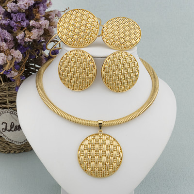 Prabangus moteriškų papuošalų rinkinys Aukso spalvos karoliai didelis apskritimas auskarai apyrankės žiedas madingoms moterims Dubajaus Afrikos vakarėlio papuošalai