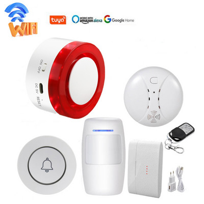 WiFi Smart Home Kit Tuya Control Siren Wireless 433 Host Инфрачервен детектор за движение Димна пожарна аларма Превключвател на врата Авариен бутон