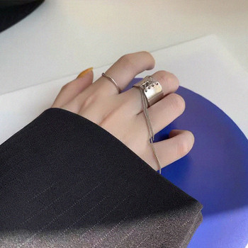 Уникален дизайн Метална каишка Верига Широки пръстени за жени Сребърен цвят Метална дълга верига Завързан чар пръстен Изявление Бижута Подарък